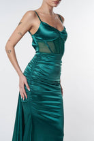 Women's hunter green satin mesh corset sweetheart maxi dress with train – view 2