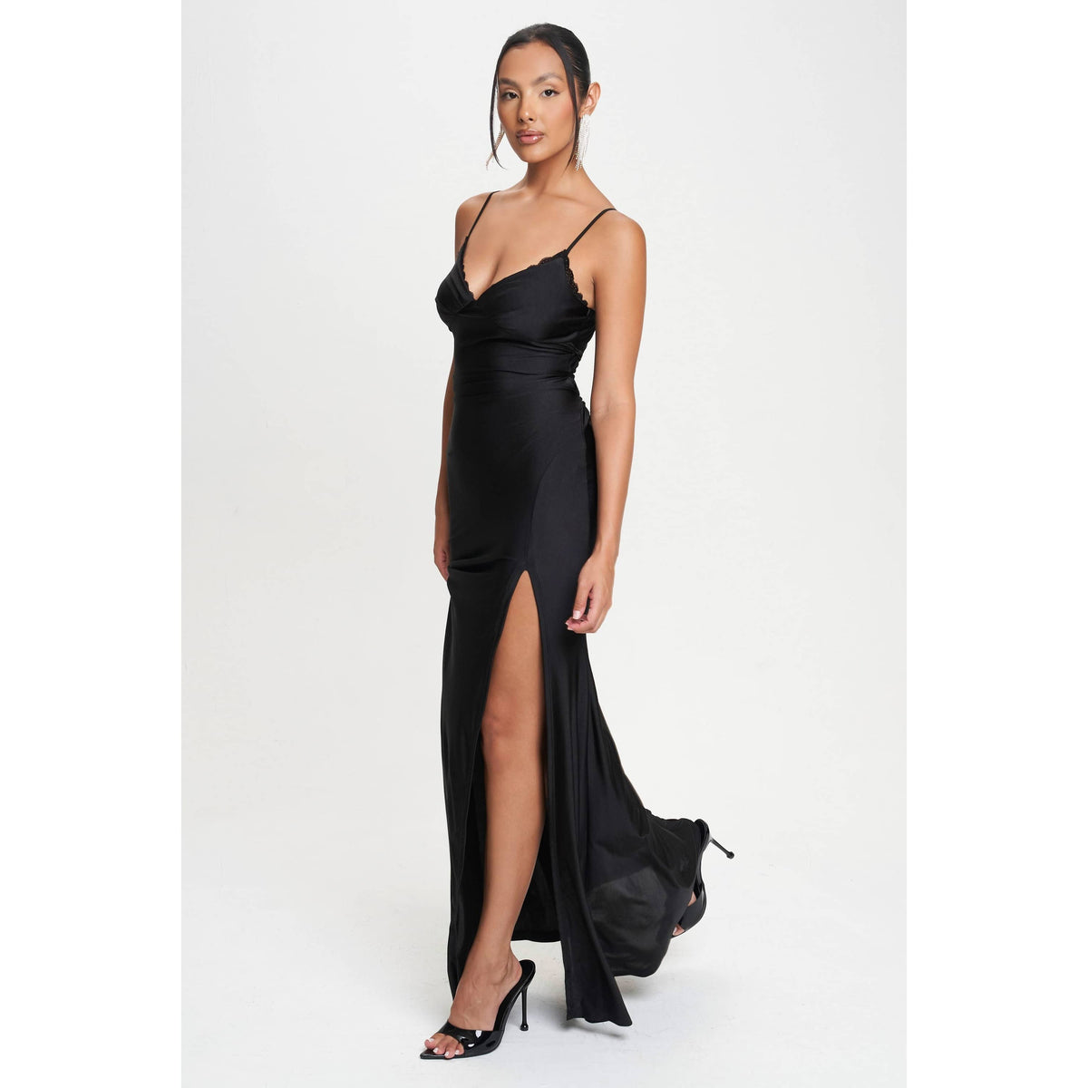 Women's black scalloped lace multi-way tie mermaid maxi dress