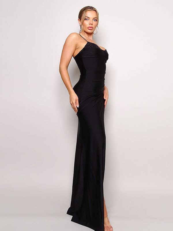 Women's black sequin bust sweetheart maxi dress