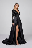 Women's black sequin deep V-neck long sleeve slit maxi gown