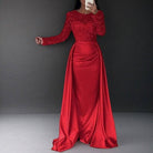 Women's red sequin long sleeve round neck maxi evening gown