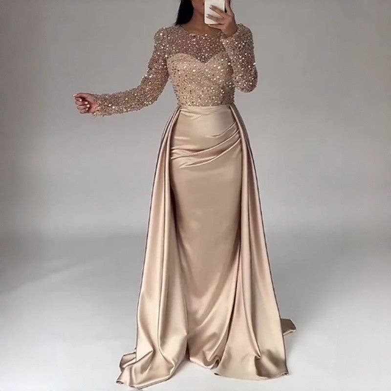 Women's red sequin long sleeve round neck maxi evening gown – alternate view