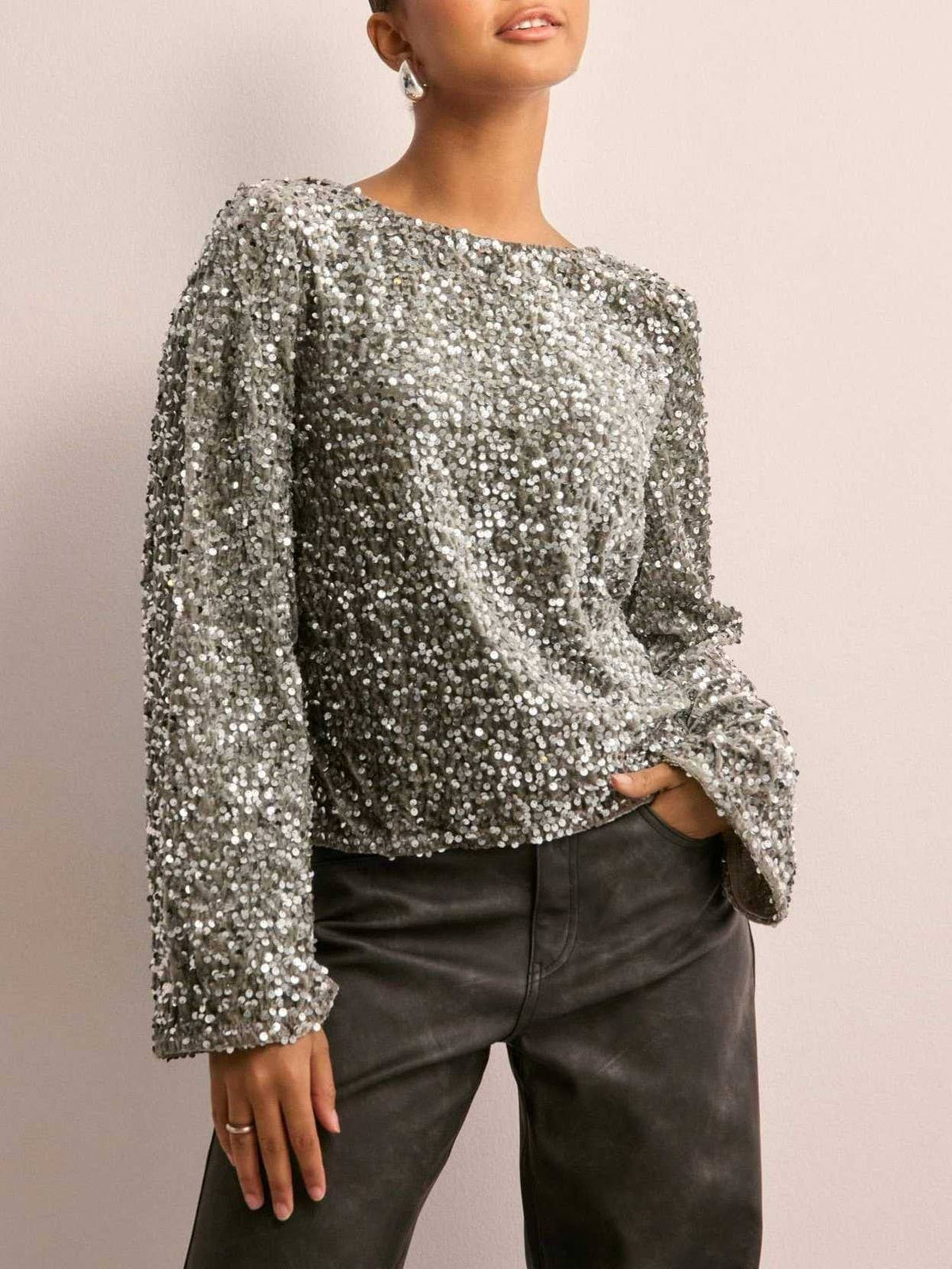 Women's grey sequin long sleeve top with cutout back and ribbon tie - photo 2