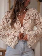 Women's beige sheer floral lace long sleeve blouse - photo 2