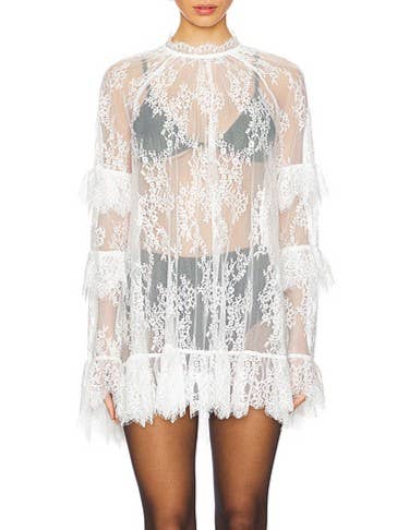 Women's white sheer lace long sleeve top with fringe trim