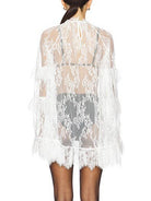 Women's white sheer lace long sleeve top with fringe trim - photo 3