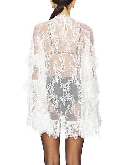 Women's white sheer lace long sleeve top with fringe trim - photo 3