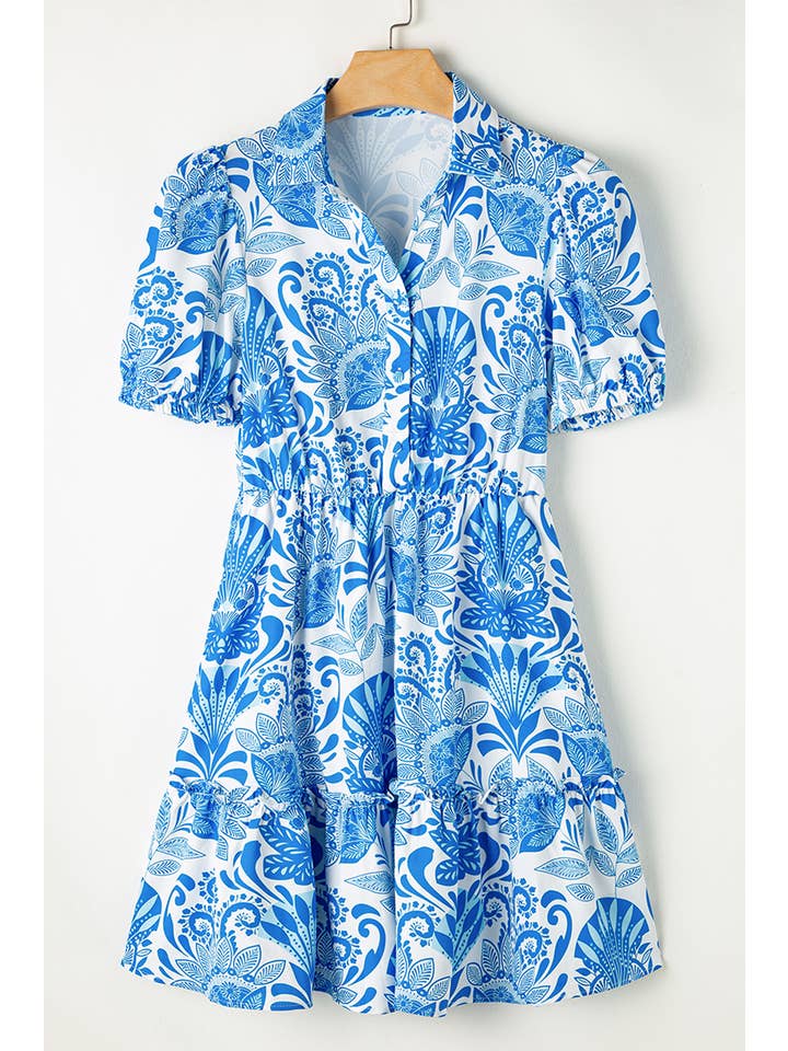 Women's Sky Blue Retro Floral Drawstring Ruffle Mini Dress - front view
