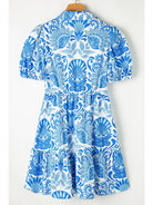 Women's Sky Blue Retro Floral Drawstring Ruffle Mini Dress - view 2