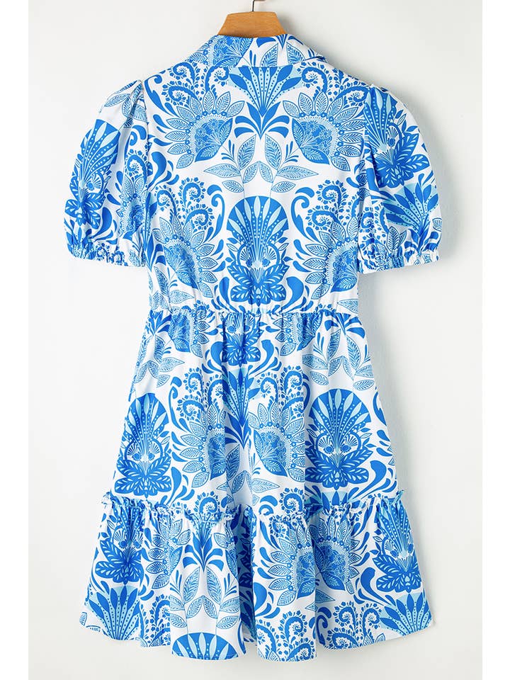 Women's Sky Blue Retro Floral Drawstring Ruffle Mini Dress - view 2