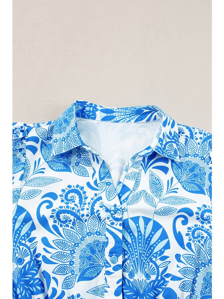 Women's Sky Blue Retro Floral Drawstring Ruffle Mini Dress - view 3