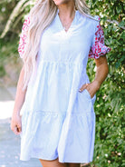 Women's Sky Blue Striped Floral Puff-Sleeve Tiered Mini Dress - front view
