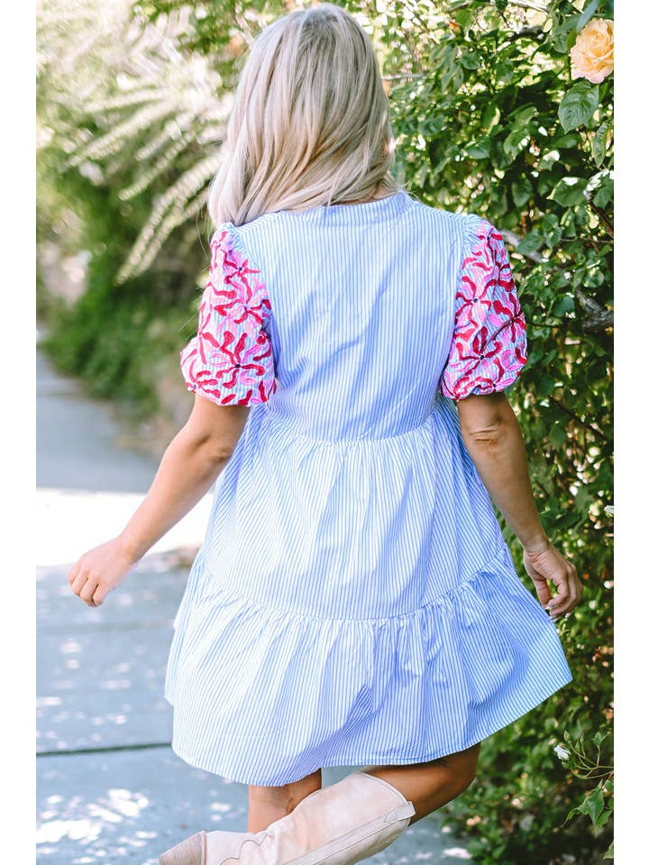 Women's Sky Blue Striped Floral Puff-Sleeve Tiered Mini Dress - view 2