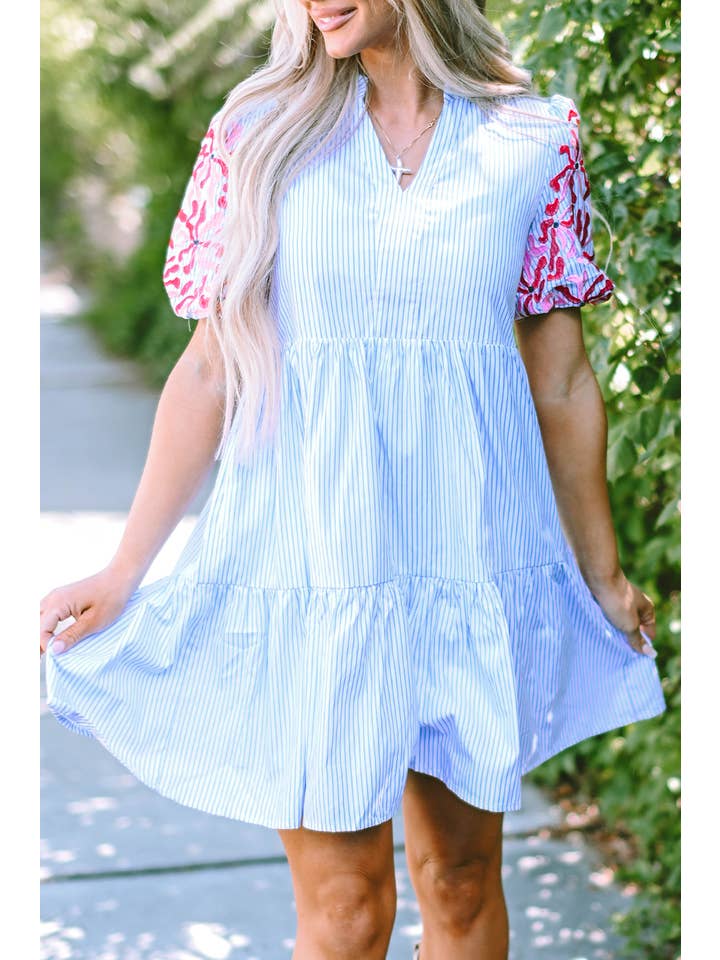 Women's Sky Blue Striped Floral Puff-Sleeve Tiered Mini Dress - view 3