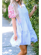 Women's Sky Blue Striped Floral Puff-Sleeve Tiered Mini Dress - view 4