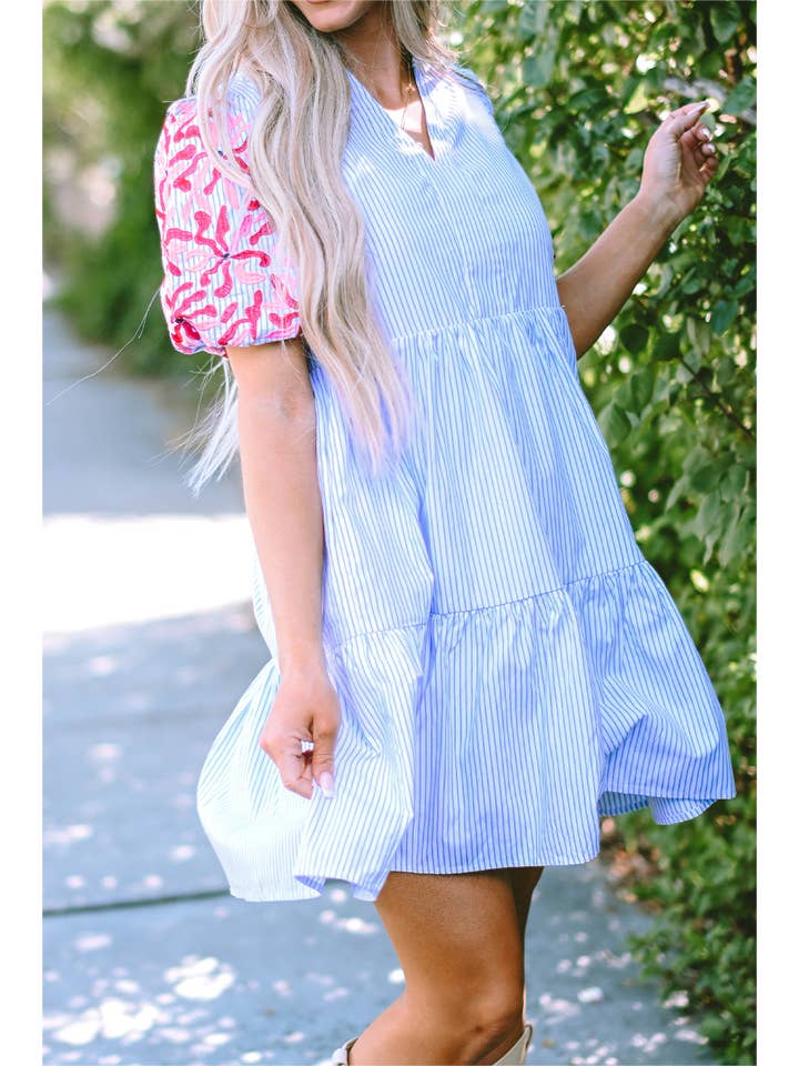 Women's Sky Blue Striped Floral Puff-Sleeve Tiered Mini Dress - view 4