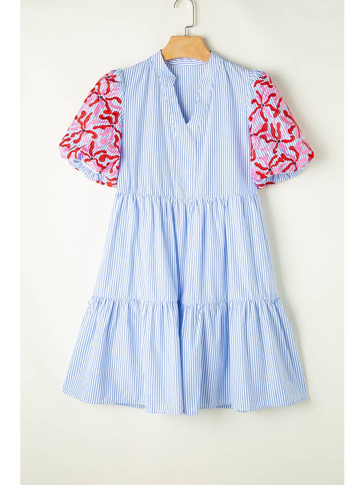 Women's Sky Blue Striped Floral Puff-Sleeve Tiered Mini Dress - view 5