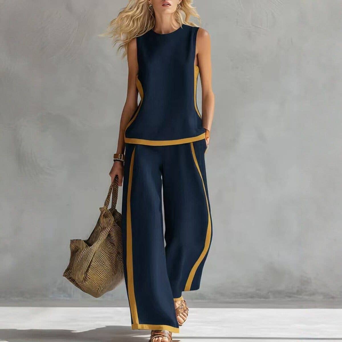 Women's sleeveless contrast trim vest & wide-leg pant set in light blue, dark gray, wine red, navy blue, white or green – front view