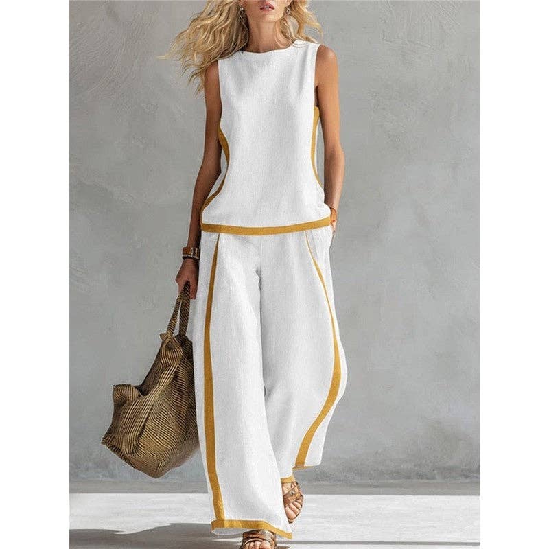 Women's sleeveless contrast trim vest & wide-leg pant set in light blue, dark gray, wine red, navy blue, white or green – alternate view