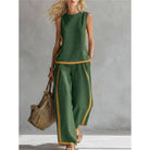 Women's sleeveless contrast trim vest & wide-leg pant set in light blue, dark gray, wine red, navy blue, white or green – detail view