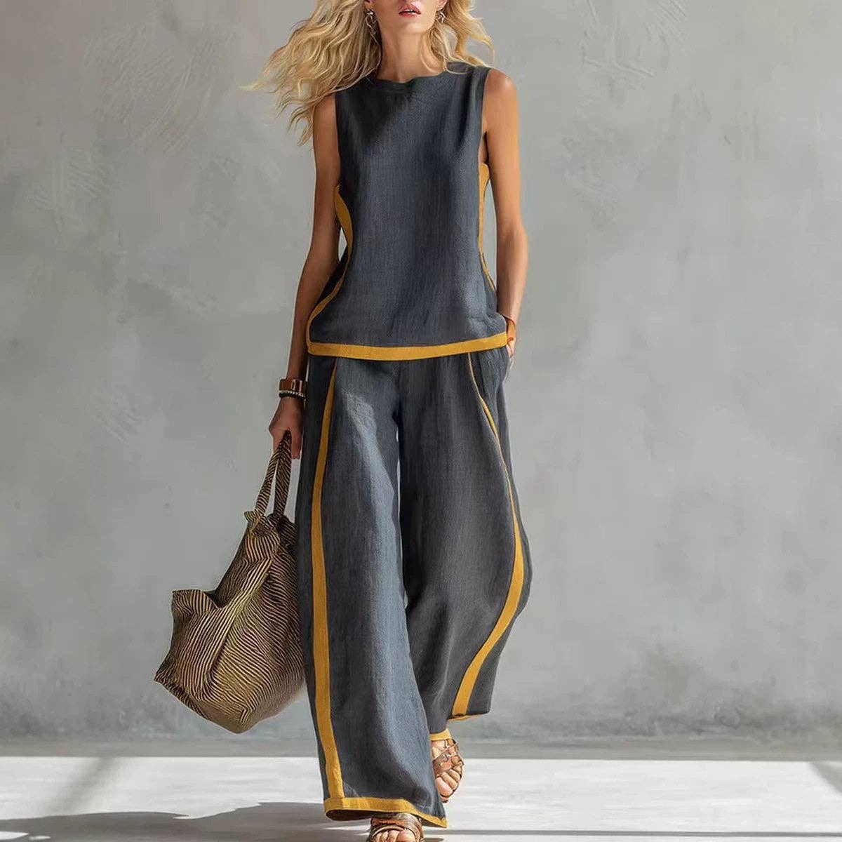 Women's sleeveless contrast trim vest & wide-leg pant set in light blue, dark gray, wine red, navy blue, white or green – styled view