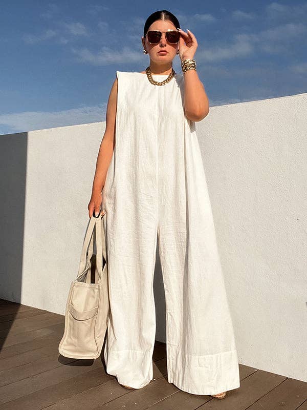 Women's sleeveless cotton wide-leg jumpsuit in black, white, gray, green or yellow – front view