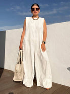 Women's sleeveless cotton wide-leg jumpsuit in black, white, gray, green or yellow – styled view
