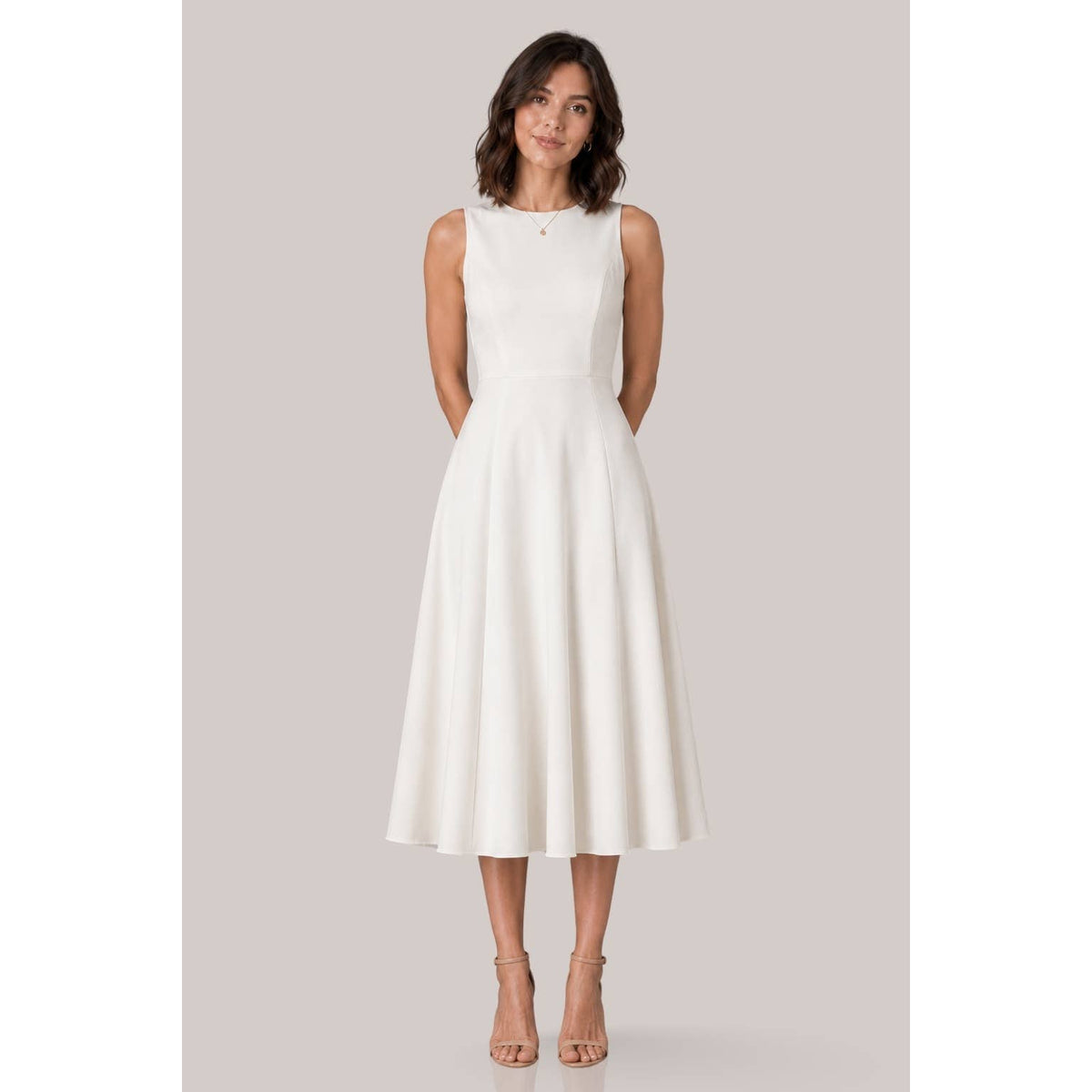 Women's ivory sleeveless minimalist A-line midi dress