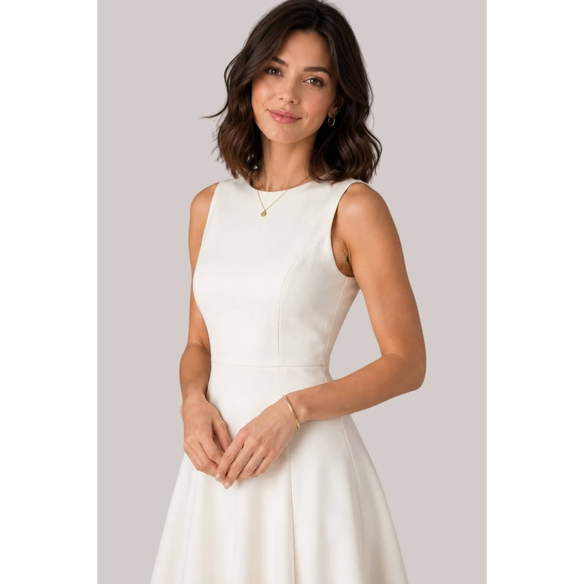 Women's ivory sleeveless minimalist A-line midi dress – view 2