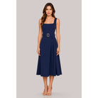 Women's navy square neck belted pleated A-line midi dress