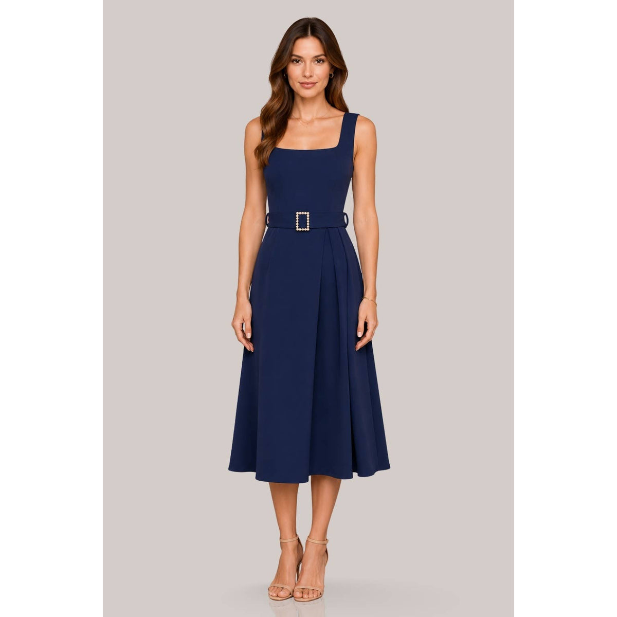 Women's navy square neck belted pleated A-line midi dress