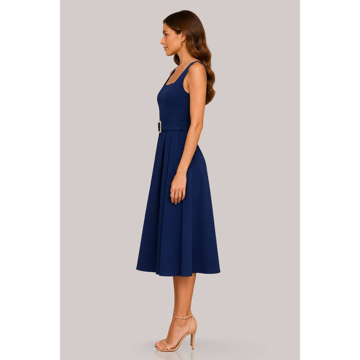 Women's navy square neck belted pleated A-line midi dress
