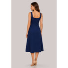 Women's navy square neck belted pleated A-line midi dress