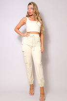 Women's beige square neck crop tank and cargo jogger pants set