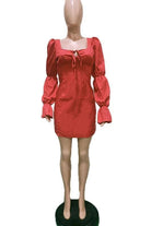 Women's red square neck puff long sleeve mini dress on model