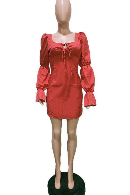 Women's red square neck puff long sleeve mini dress on model