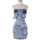 Women's blue denim strapless tube bodycon mini dress with pockets – photo 1
