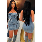 Women's blue denim strapless tube bodycon mini dress with pockets – photo 2