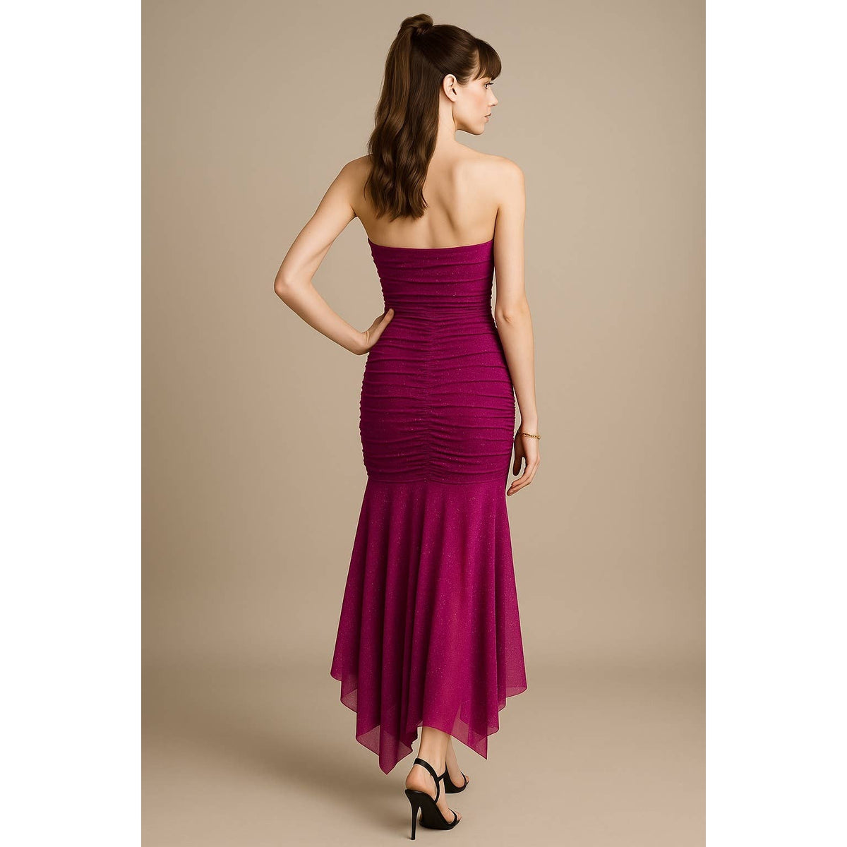 Women's magenta strapless glitter ruched mermaid maxi dress