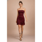 Women's burgundy strapless lace tiered ruffle bodycon mini dress