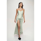 Women's sage strapless satin side twist corset maxi dress