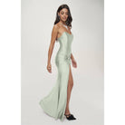 Women's sage strapless satin side twist corset maxi dress – view 2