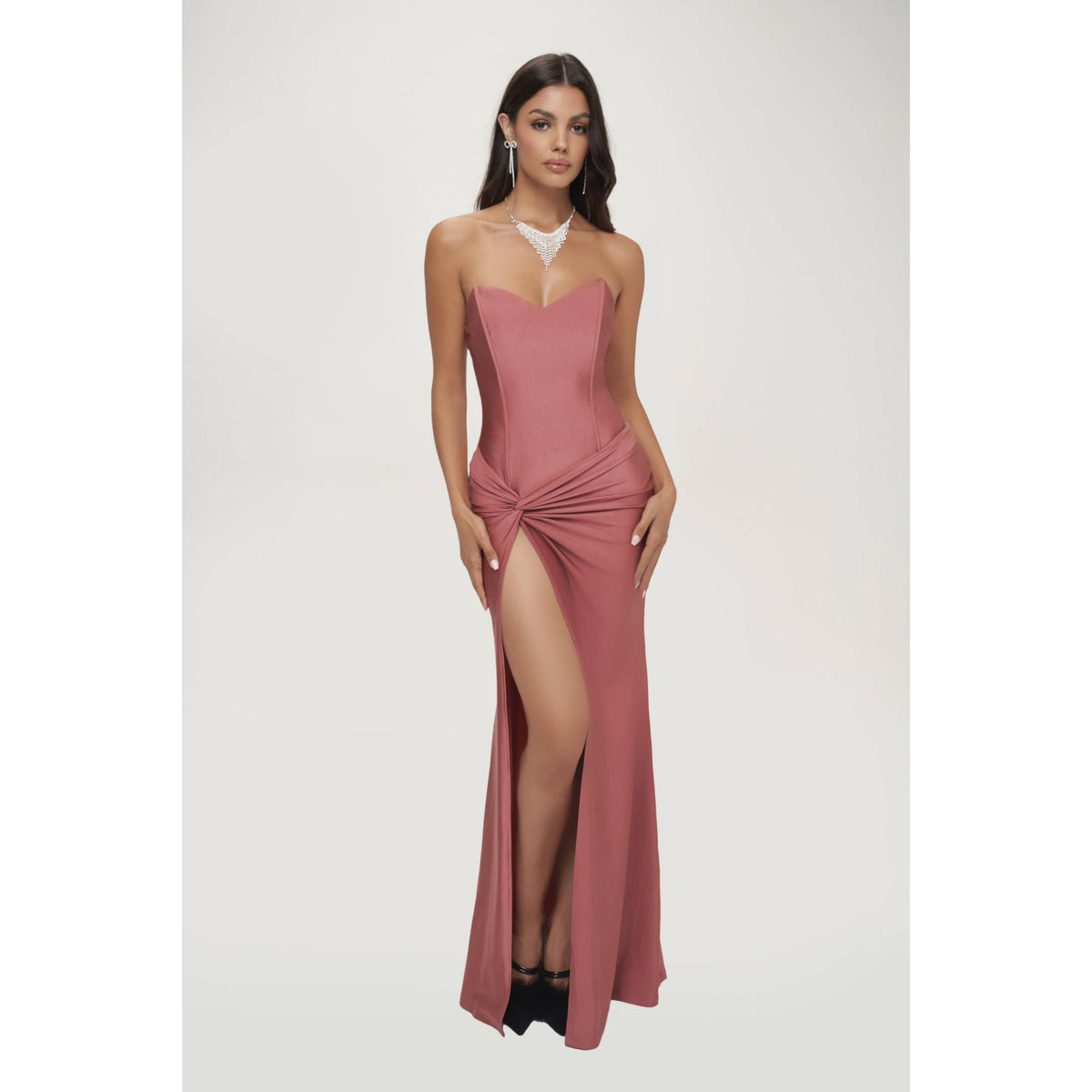 Women's sage strapless satin side twist corset maxi dress – view 4