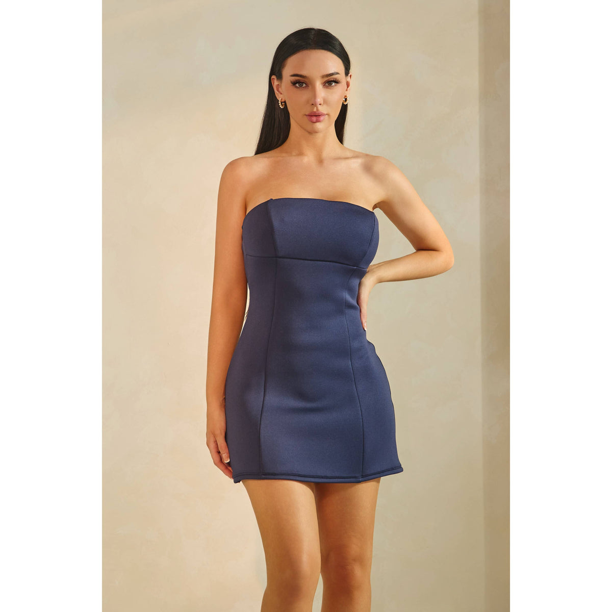 Women's navy strapless sculpted bandeau mini dress