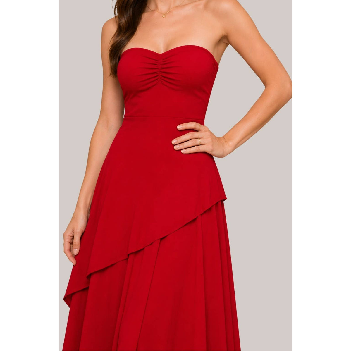 Women's sexy mauve strapless sweetheart tiered column maxi gown – view 2