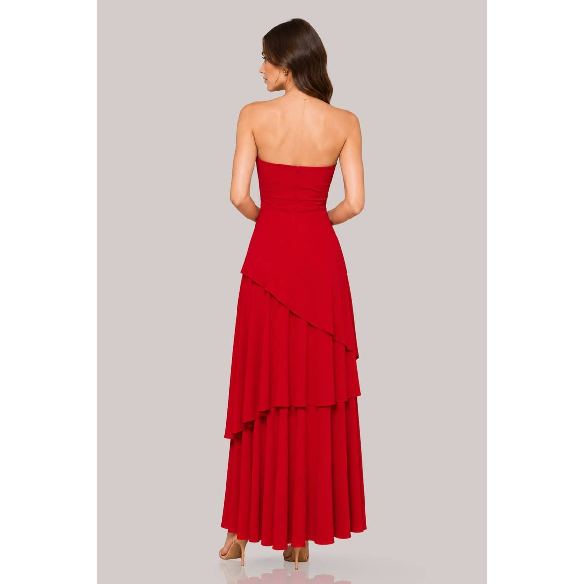 Women's sexy mauve strapless sweetheart tiered column maxi gown – view 4