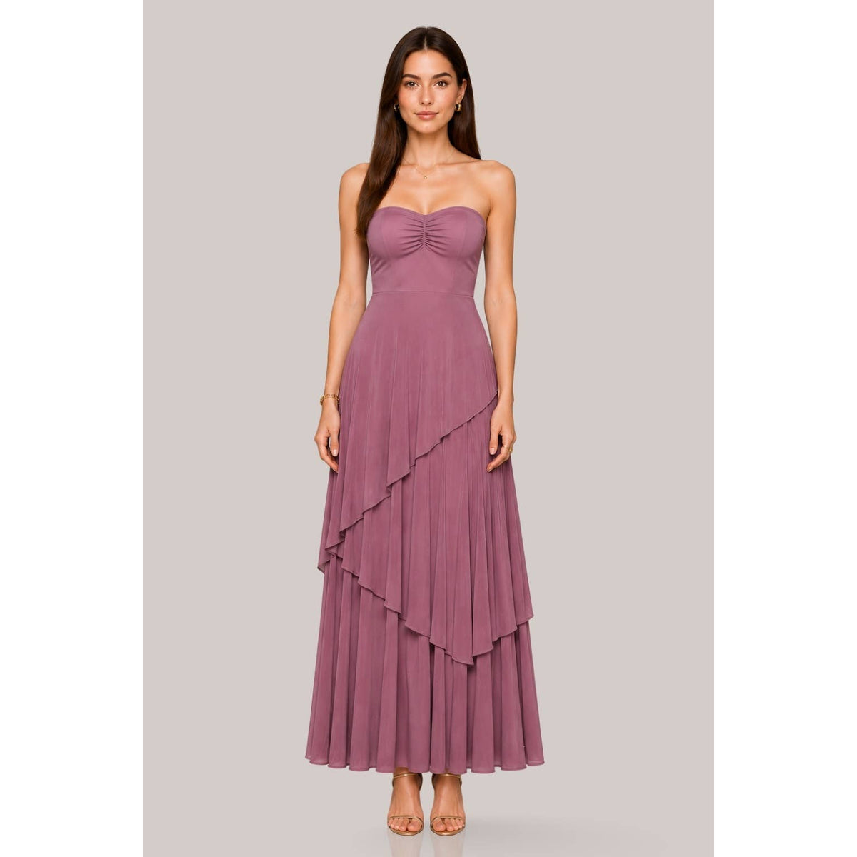 Women's sage strapless sweetheart tiered column maxi gown
