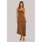 Women's mocha strapless sweetheart tiered column maxi gown