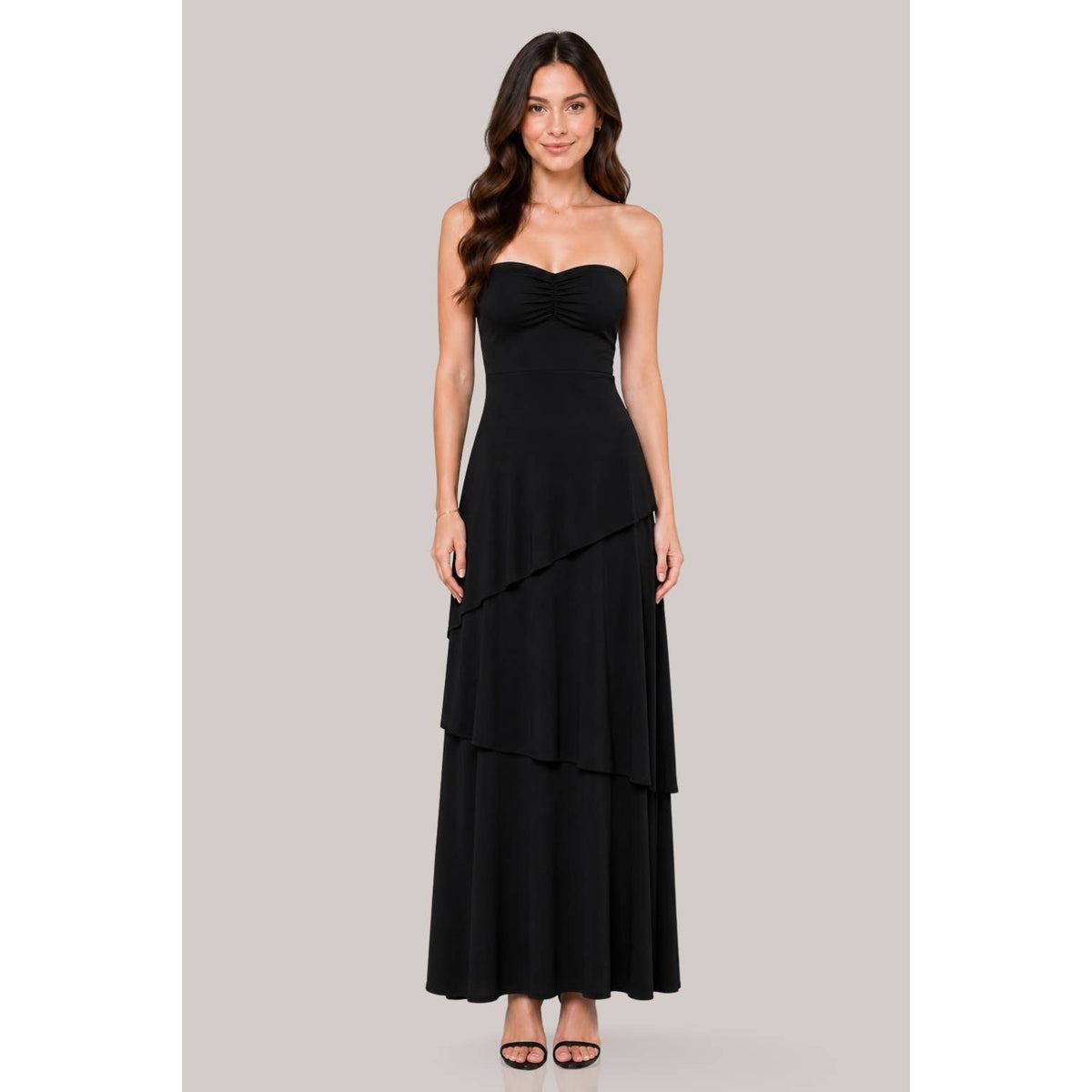 Women's black strapless sweetheart tiered column maxi gown