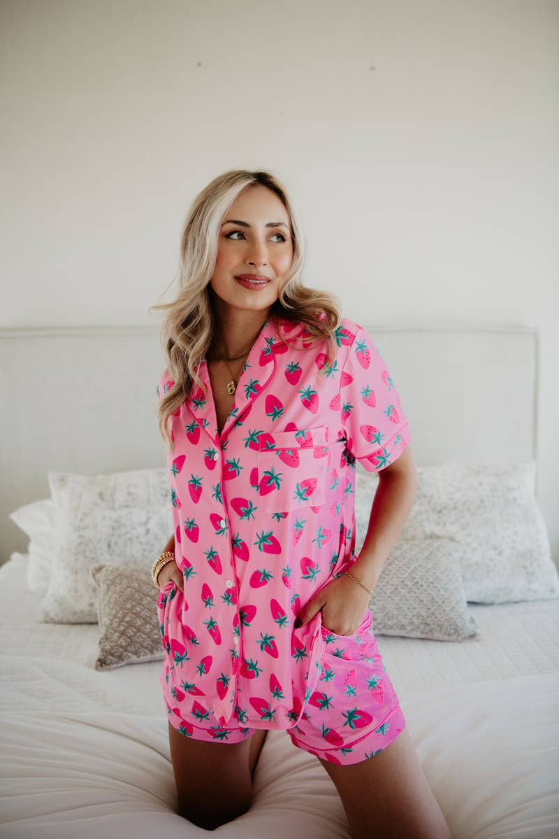 Women's pink strawberry print matching pajama set – view 3